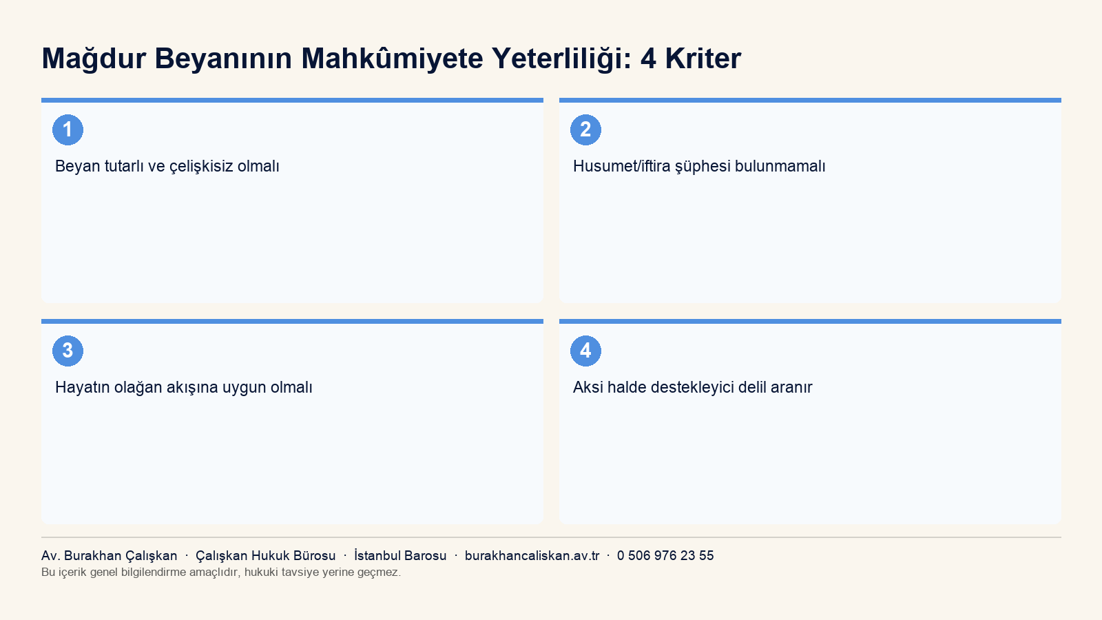 Cinsel istismar davasında mağdur beyanının tek başına mahkumiyete yeterli olma şartlarını gösteren infografik