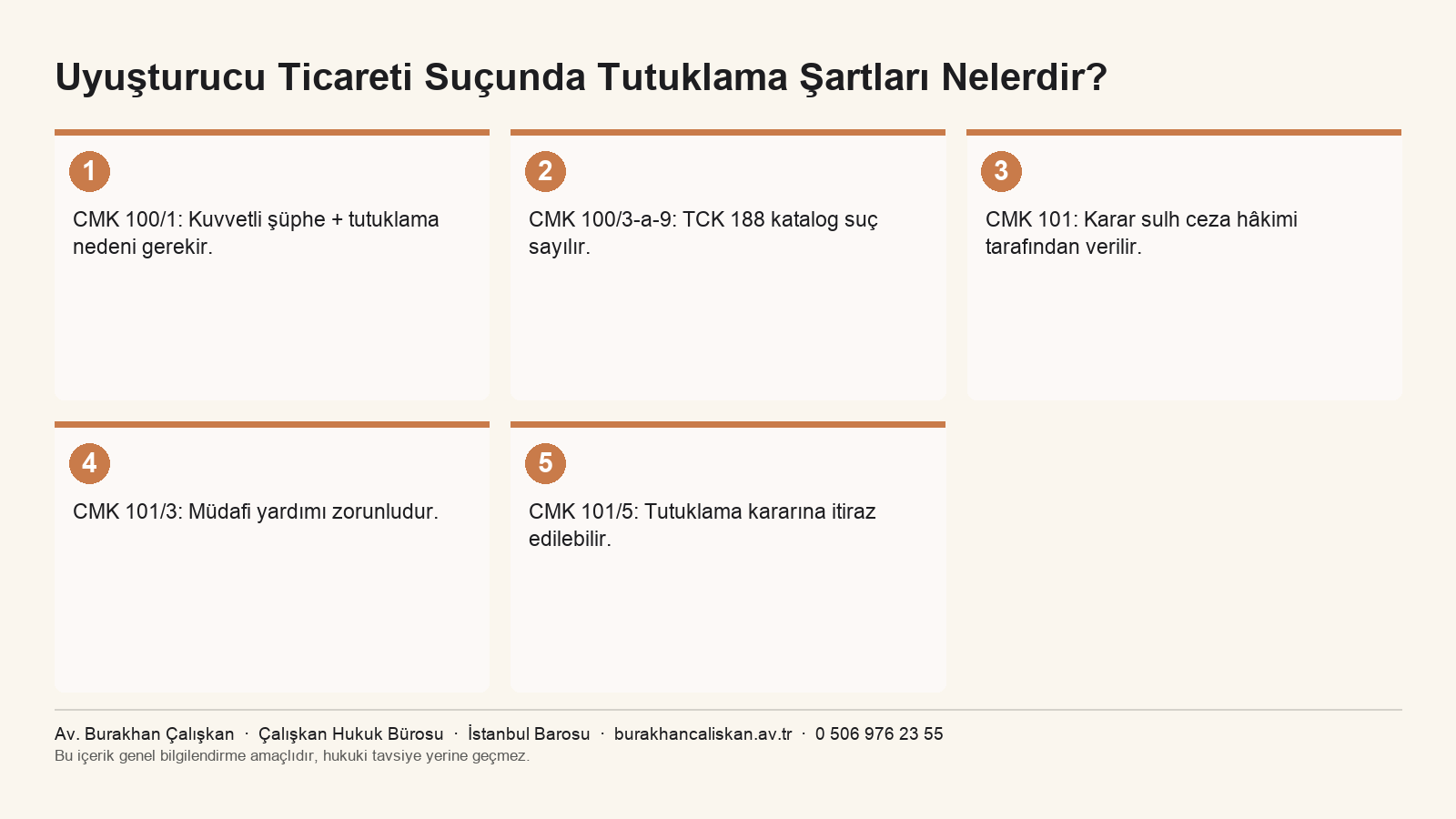 CMK 100 ve 101 kapsamında uyuşturucu ticareti suçunda tutuklama şartlarını özetleyen infografik