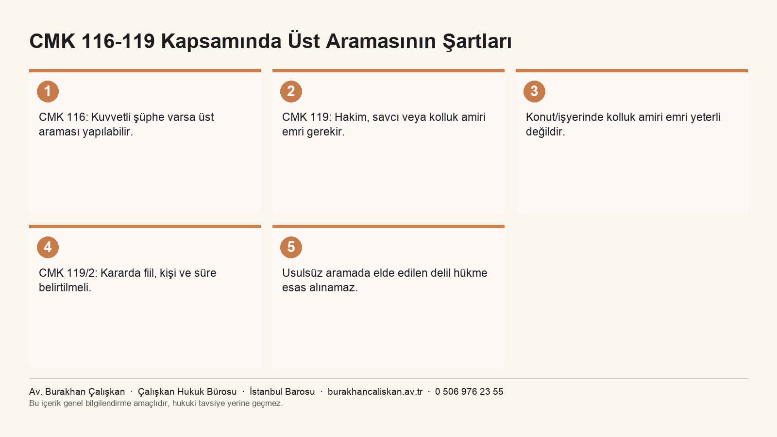 CMK 116 ve 119 kapsamında üst aramasının usul şartlarını özetleyen infografik