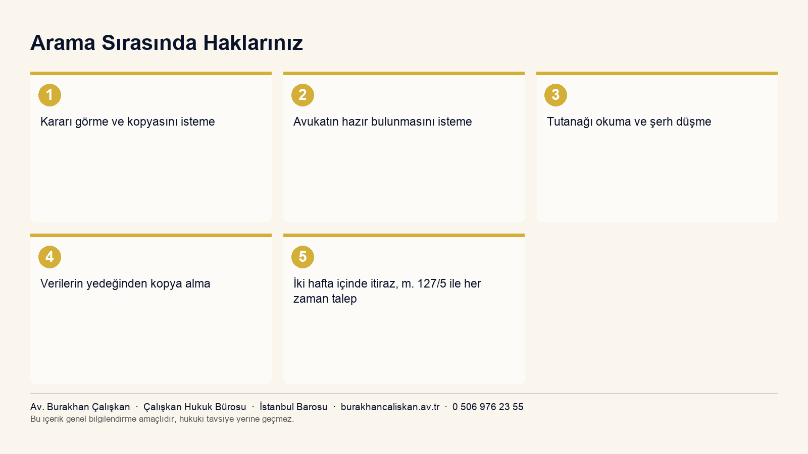 Arama ve elkoyma sırasında şüphelinin sahip olduğu hakları özetleyen infografik