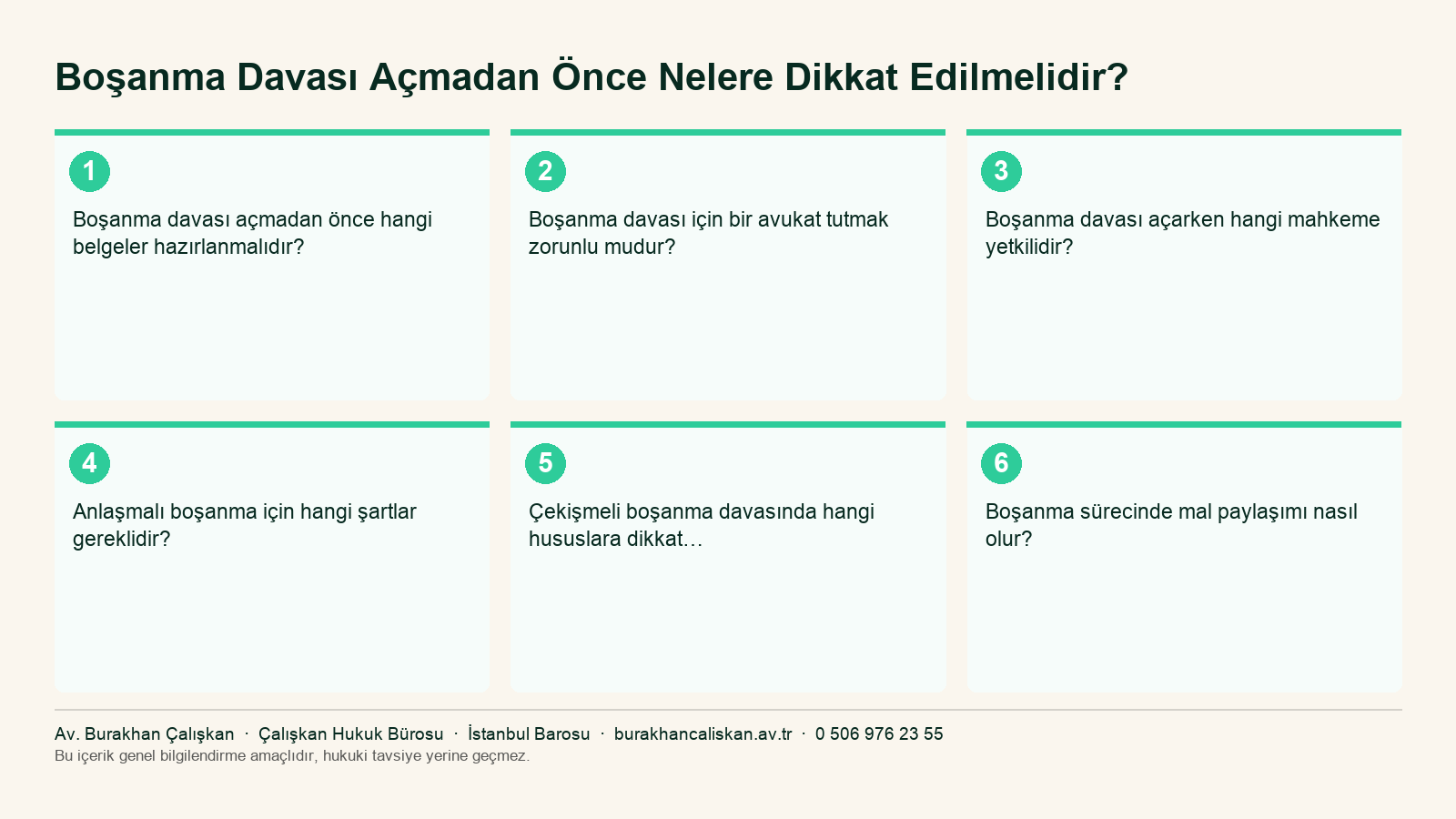 Boşanma Davası Açmadan Önce Nelere Dikkat Edilmelidir? yazısının ana başlıklarını özetleyen infografik