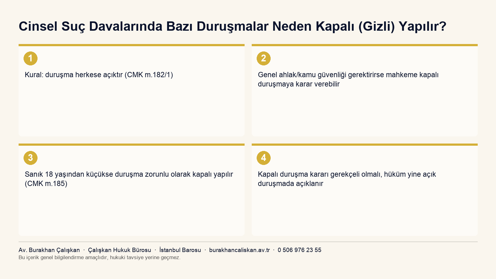 Cinsel suç davalarında kapalı duruşma kararının 4 aşaması: aleniyet kuralı, genel ahlak gerekçesiyle kapalı duruşma, sanığın küçük yaşta olması, gerekçeli karar