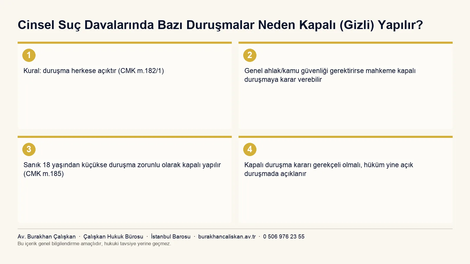 Cinsel suç davalarında kapalı duruşma kararının 4 aşaması: aleniyet kuralı, genel ahlak gerekçesiyle kapalı duruşma, sanığın küçük yaşta olması, gerekçeli karar