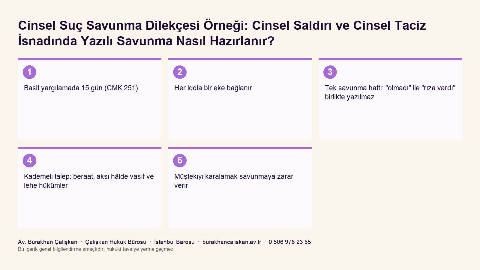Cinsel suç savunma dilekçesinde aşama, süre ve savunma hattı seçimini özetleyen infografik