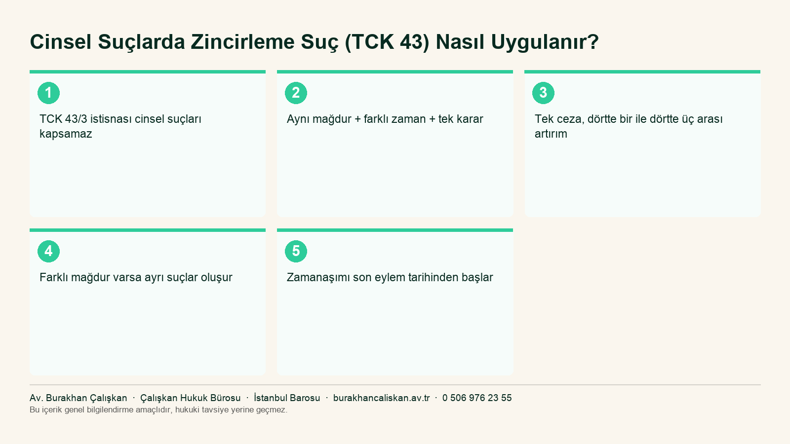 Cinsel suçlarda zincirleme suçun şartlarını özetleyen infografik