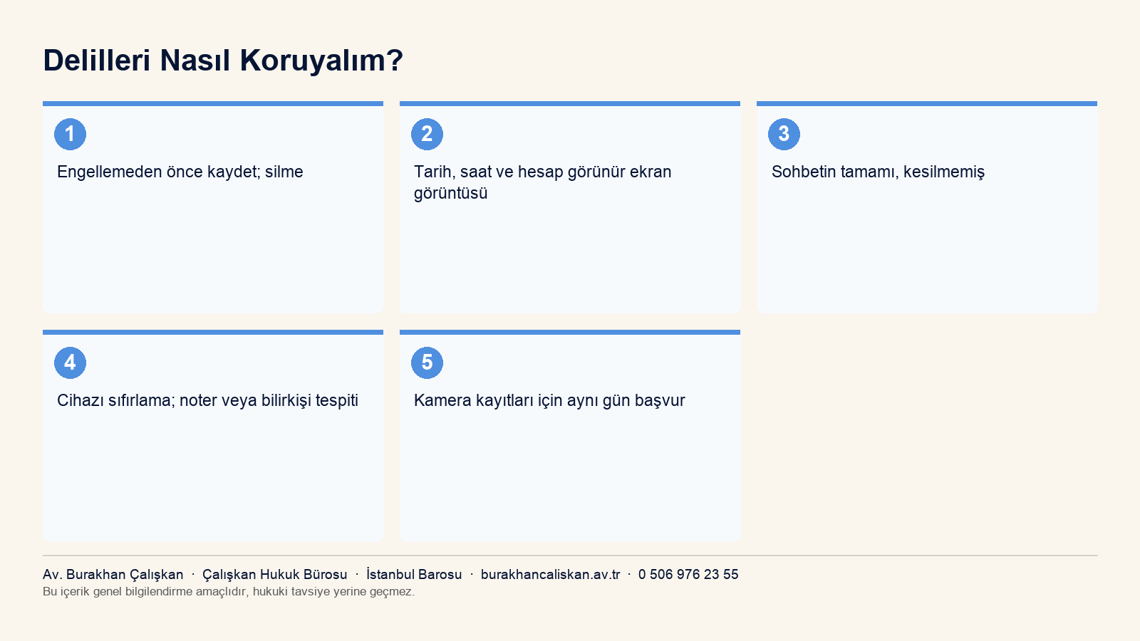 Cinsel taciz şikâyetinden önce dijital delillerin nasıl korunacağını özetleyen infografik