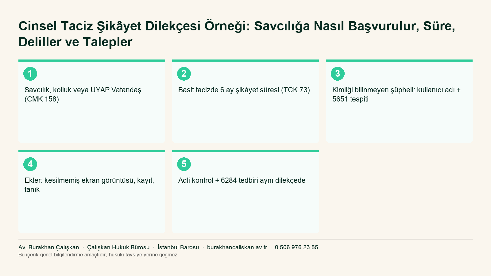 Cinsel taciz şikâyetinde başvuru yolu, süre, deliller ve talepleri özetleyen infografik