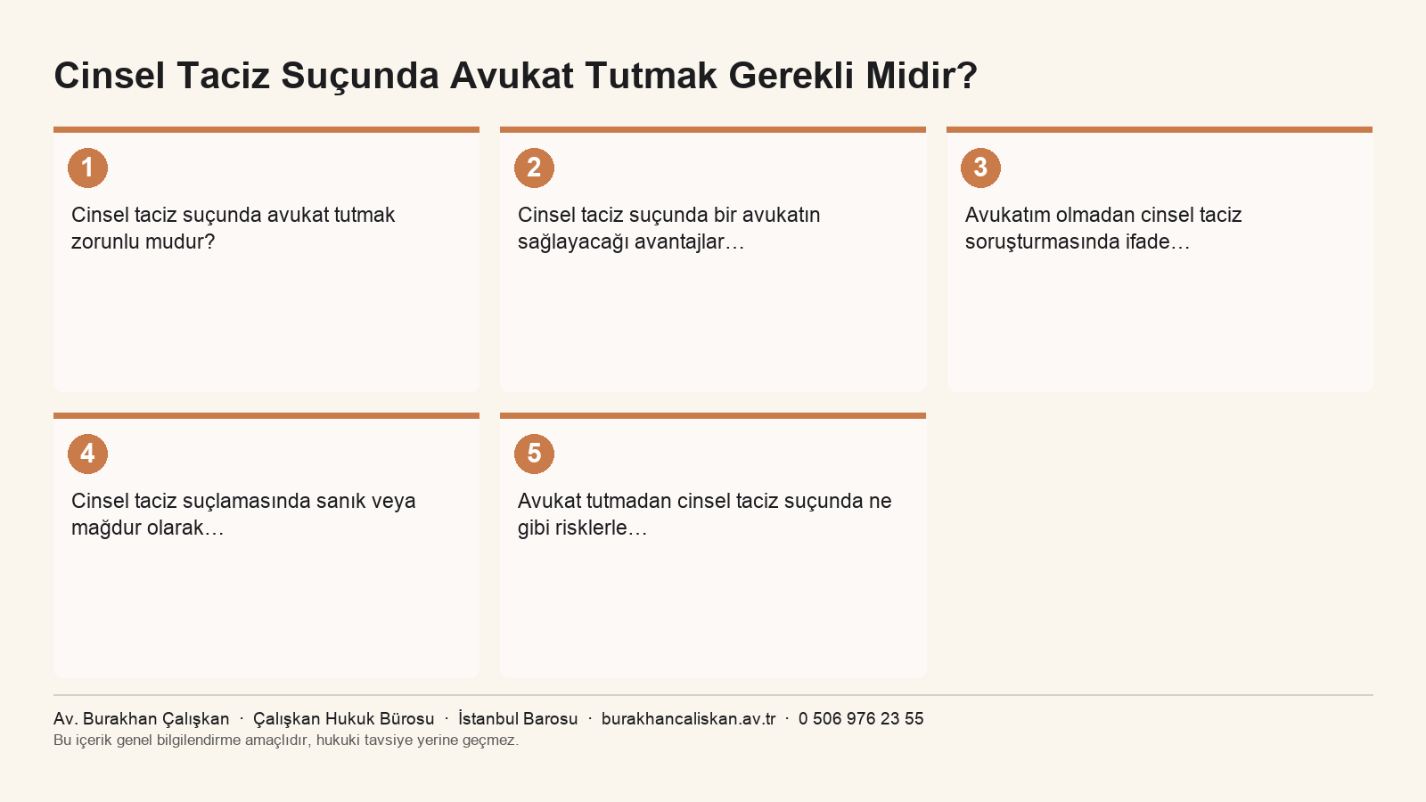 Cinsel Taciz Suçunda Avukat Tutmak Gerekli Midir? yazısının ana başlıklarını özetleyen infografik
