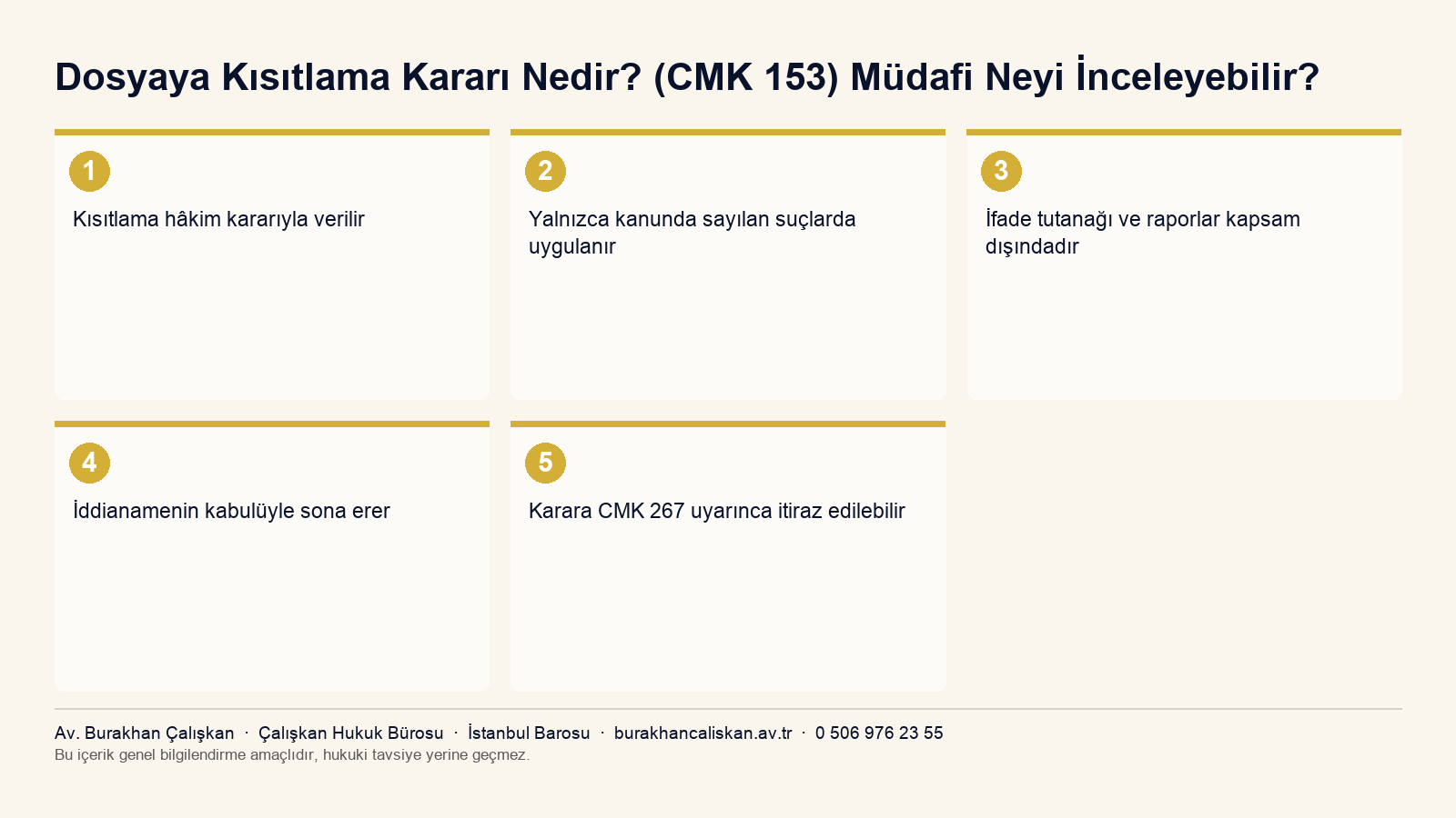 CMK 153 kapsamında kısıtlama kararının şartlarını özetleyen infografik