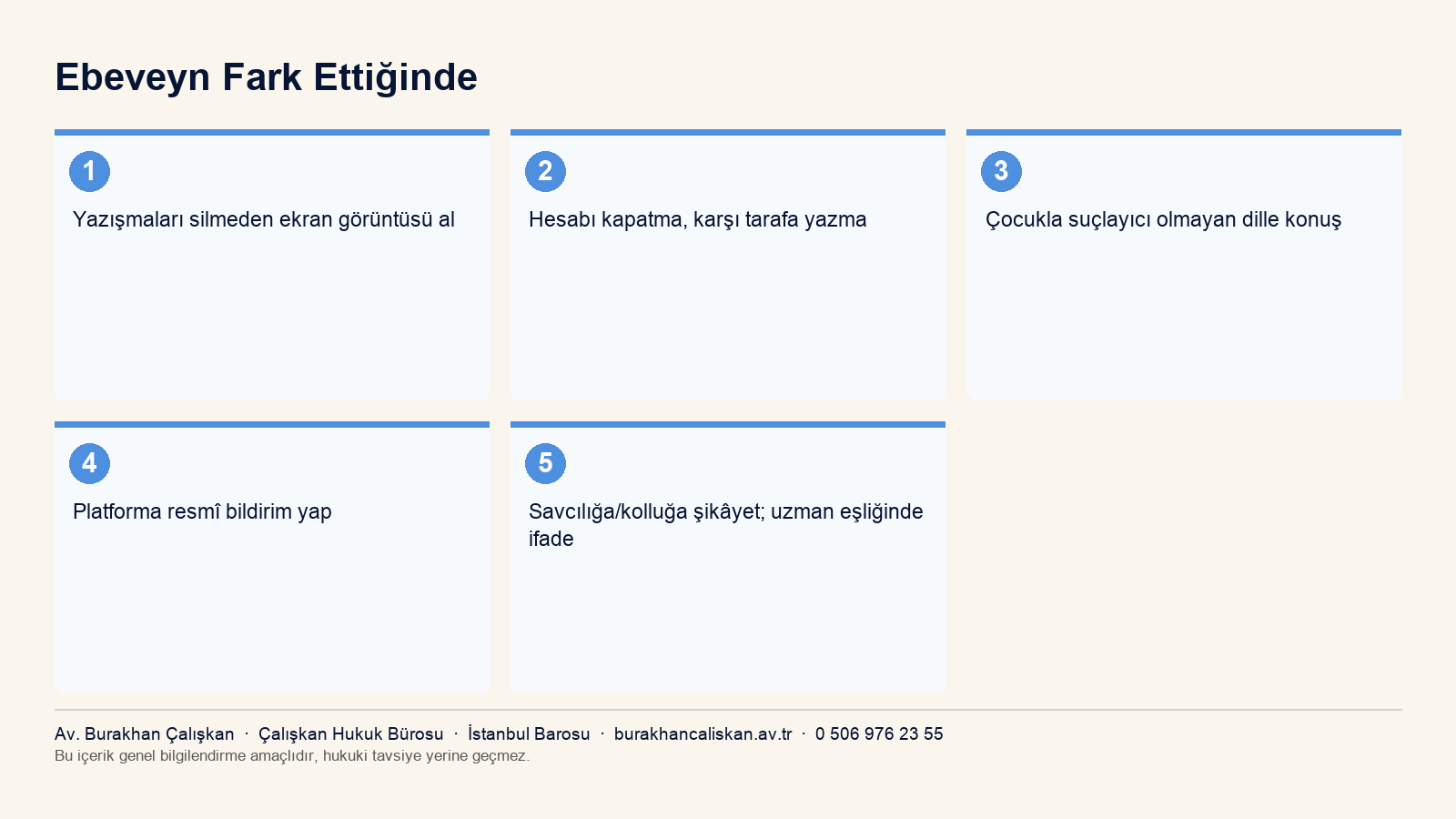 Ebeveynin çocuğuyla cinsel amaçlı iletişim fark ettiğinde izleyeceği adımları özetleyen infografik