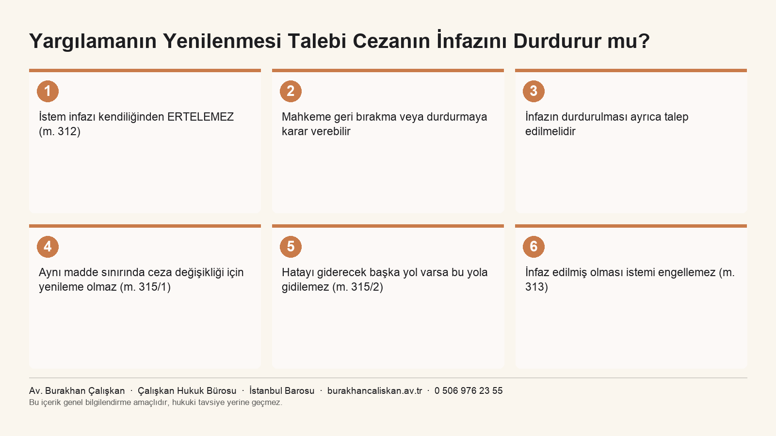 CMK m. 312 ve m. 315 uyarınca yargılamanın yenilenmesi isteminin infaza etkisini özetleyen infografik