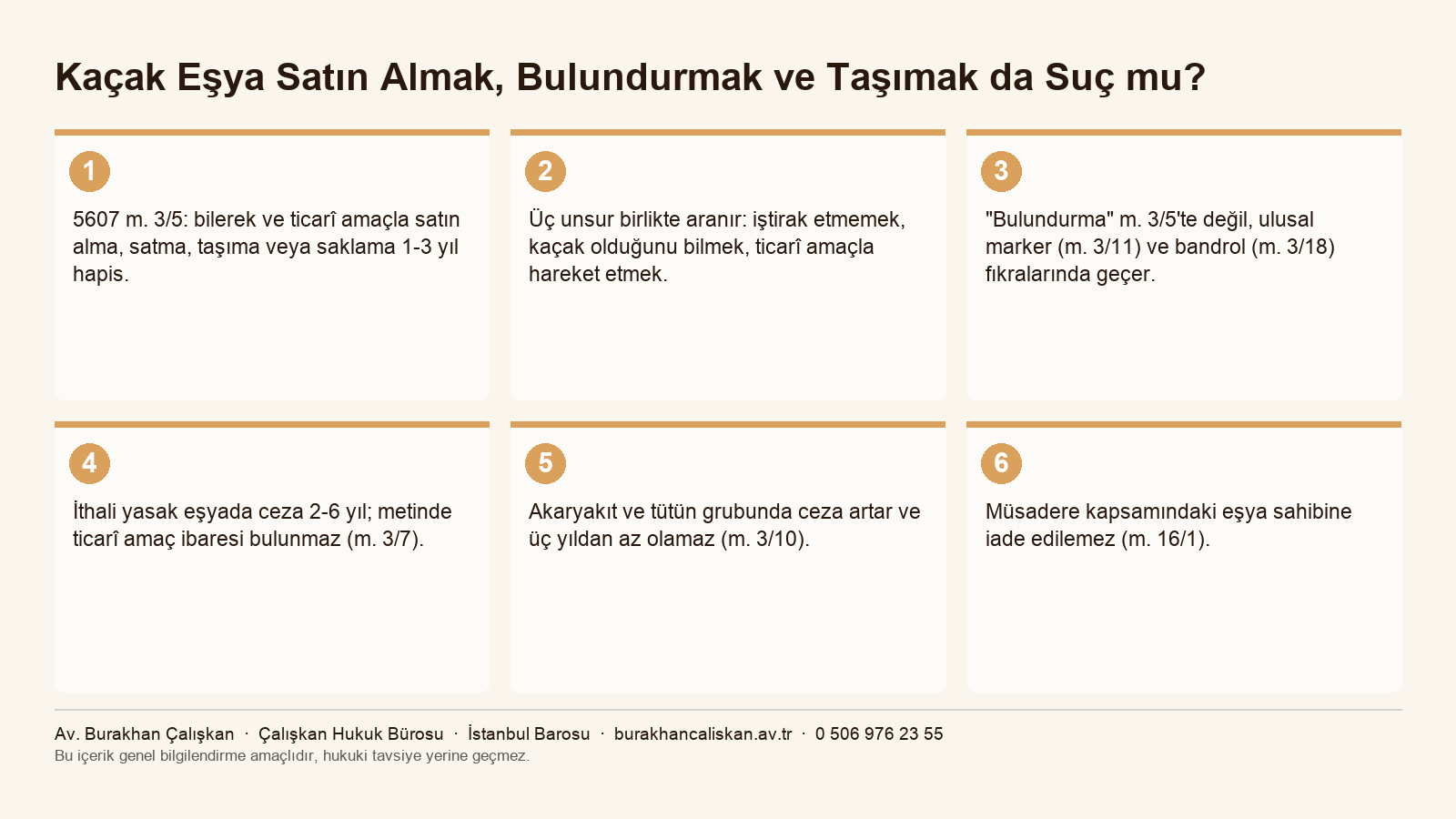 Kaçak eşya bulundurma cezası ve suçun unsurlarını özetleyen infografik
