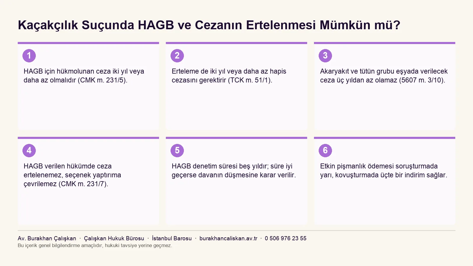 Kaçakçılık HAGB ve erteleme şartlarını özetleyen infografik