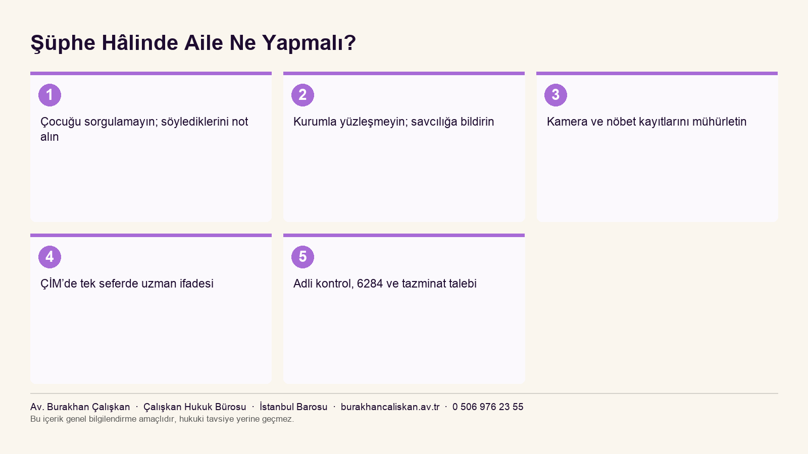 Kreş veya okulda istismar şüphesi hâlinde ailenin ilk 48 saatte atacağı adımları özetleyen infografik