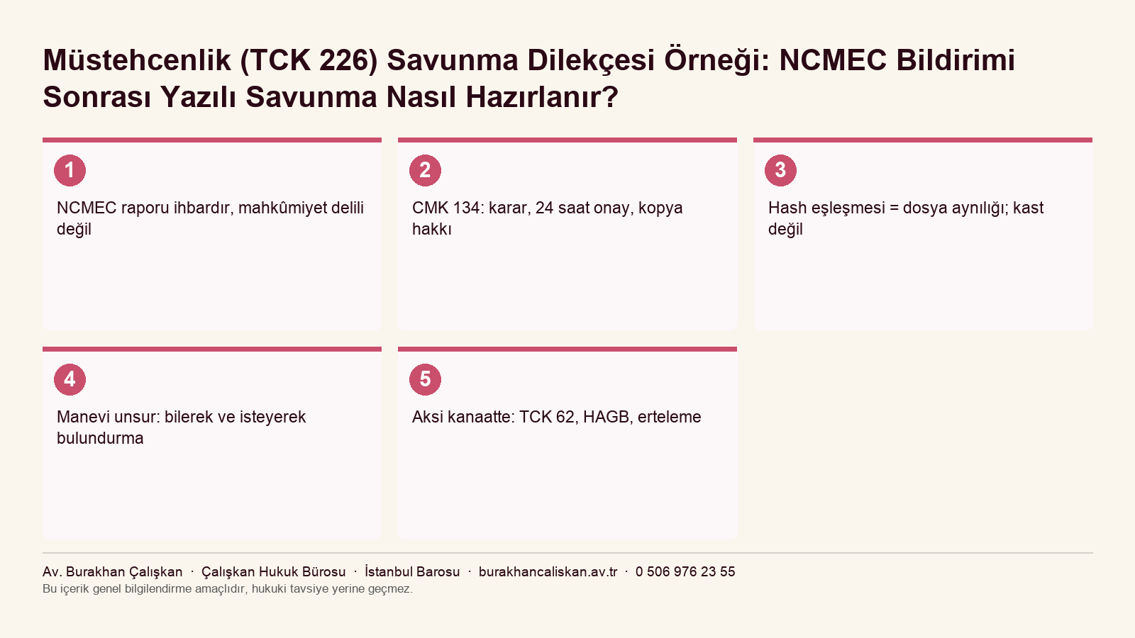 NCMEC kaynaklı müstehcenlik dosyasında dört savunma eksenini özetleyen infografik