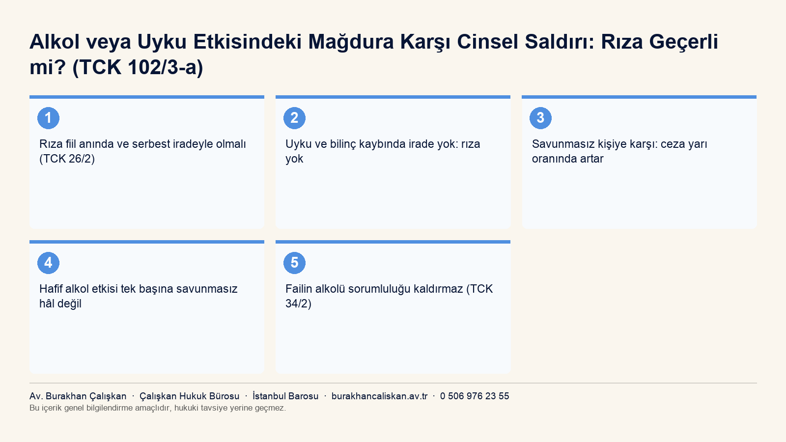 Rıza, savunmasız hâl ve TCK 102/3-a artırımını özetleyen infografik