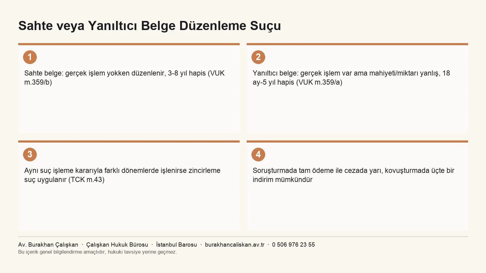 Sahte belge ile yanıltıcı belge düzenleme suçu arasındaki farklar ve etkin pişmanlık infografiği