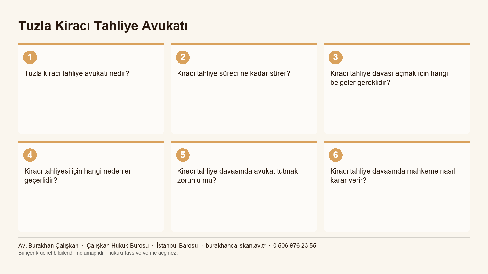 Tuzla Kiracı Tahliye Avukatı yazısının ana başlıklarını özetleyen infografik