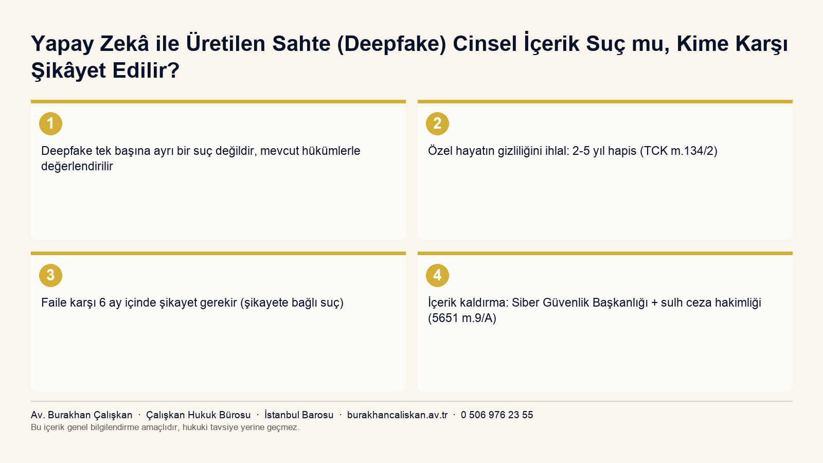 Deepfake cinsel içerik: TCK m.134 özel hayatın gizliliği, m.136 verileri yayma, 6 aylık şikayet süresi, 5651 sayılı Kanun m.9/A ile içerik kaldırma