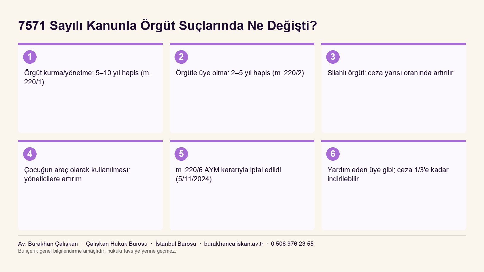 TCK 220 uyarınca örgüt kurma, üyelik, silahlı örgüt ve yardım hâllerindeki cezaları özetleyen infografik