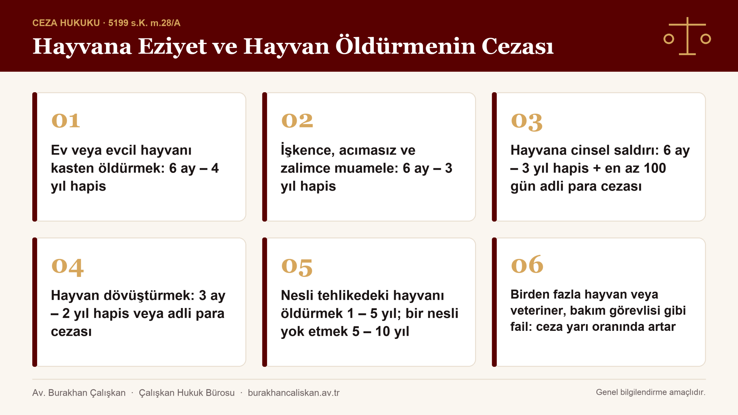 Hayvana eziyet cezası: 5199 sayılı Kanun 28/A maddesindeki suçlar, hapis cezaları ve yarı oranında artırım hâlleri infografik