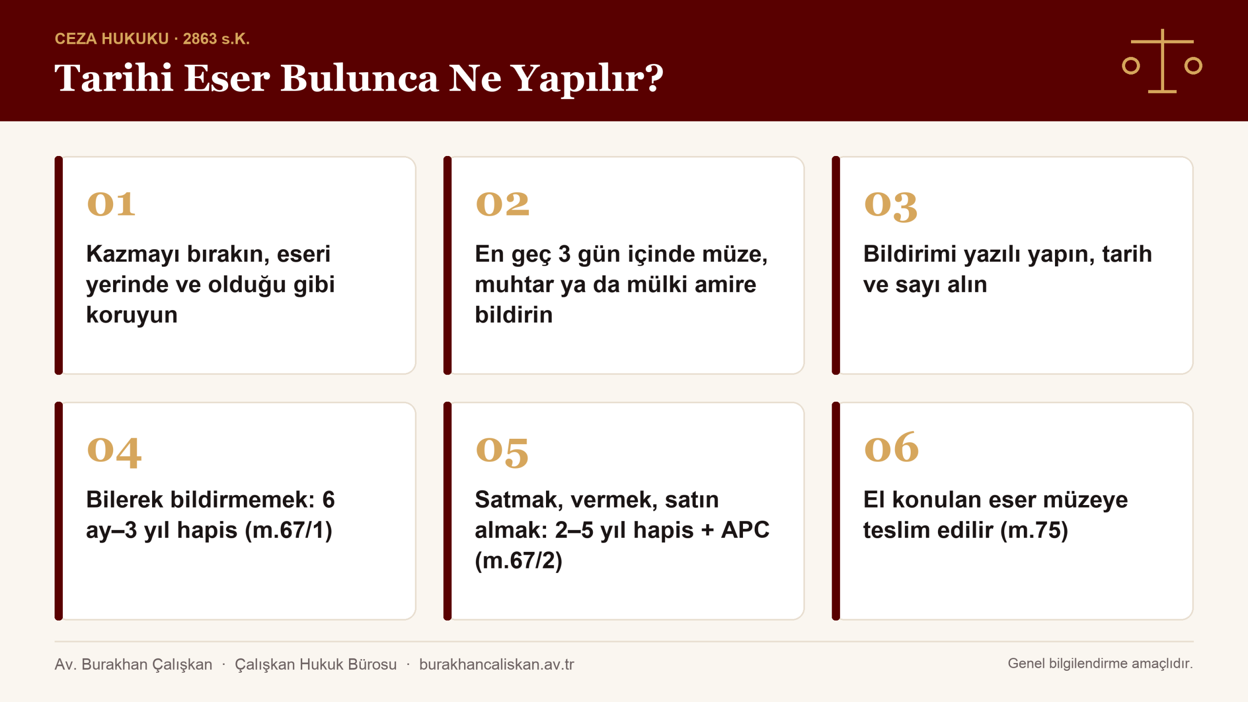 Tarihi eser bulunca ne yapılır: üç gün içinde bildirim, cezalar ve müzeye teslim özet infografiği