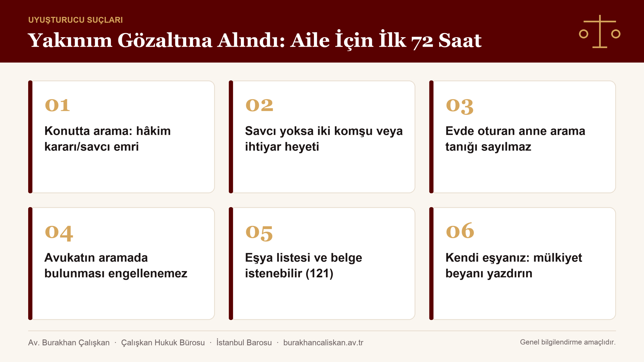 Uyuşturucu soruşturmasında ev araması ve el koymada aile bireyinin dikkat edeceği noktalar CMK 119-121 infografik