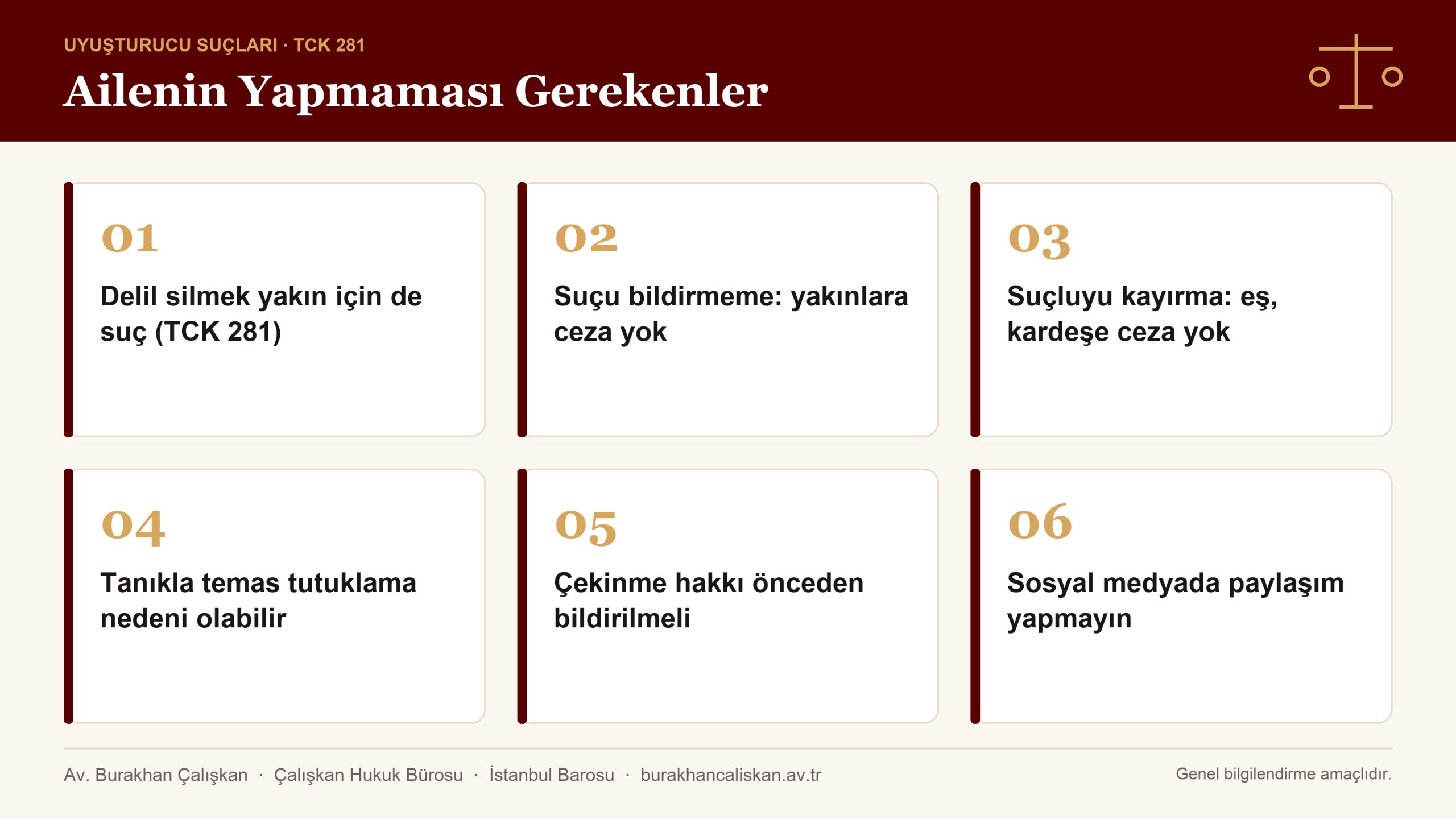 Gözaltı sürecinde ailenin yapmaması gerekenler: delil karartma, suçluyu kayırma, suçu bildirmeme ve tanıklıktan çekinme infografik
